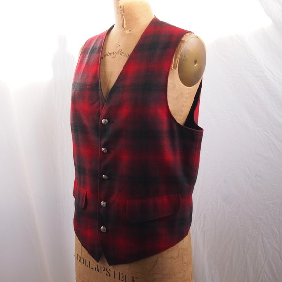 vtg 60s PENDLETON Wool Red Tartan Plaid Vest Waistcoat Cruiser Silver Buttons M - Picture 2 of 9
